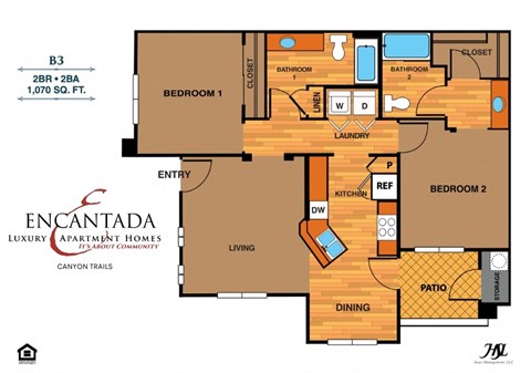Floor plan for 2 beds, 2 baths, 1070 sqft